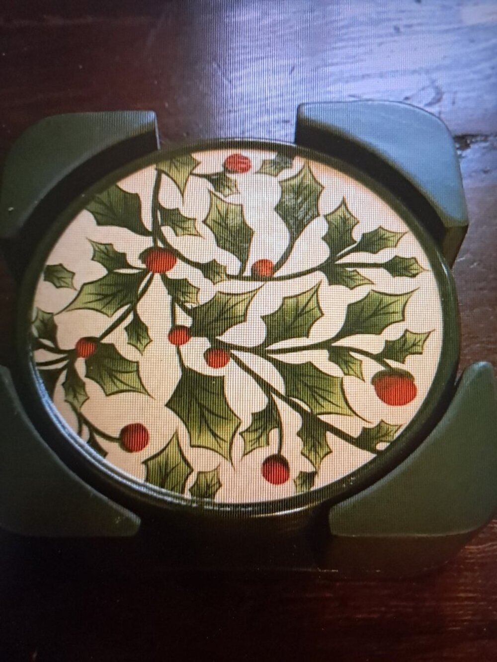 Vintage Pacific Rim English Holly 4 Piece Ceramic Coaster Set With Wood Holder